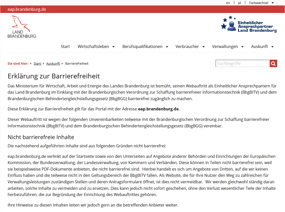 Bild der Seite Erklärung zur Barrierefreiheit im EAP-Portal